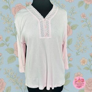 NWT Talbots Woman Pink Lace Henley Top 1X – Pima Cotton Long Sleeve Lounge Blous